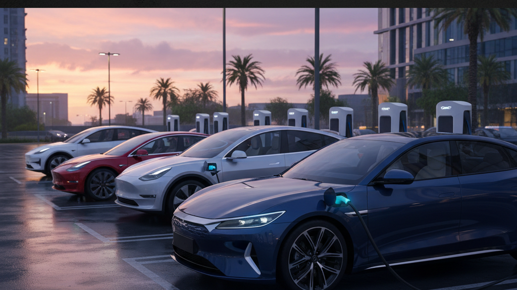 Editorial, photo-realistic HERO for an automotive daily news article titled "BYD Dominates EV Market, Outselling Tesla – Daily Car News (2025-10-06)".