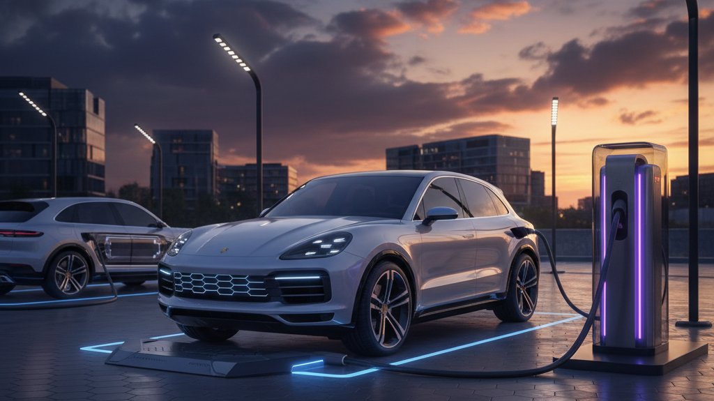 Editorial, photo-realistic HERO for an automotive daily news article titled "Porsche Cayenne Electric Set for Wireless Charging with Massive Battery –