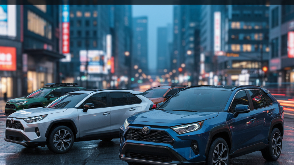 Editorial, photo-realistic HERO for an automotive daily news article titled "Toyota RAV4 Japan-Only Upgrades Unveiled – Daily Car News (2025-12-19)".
