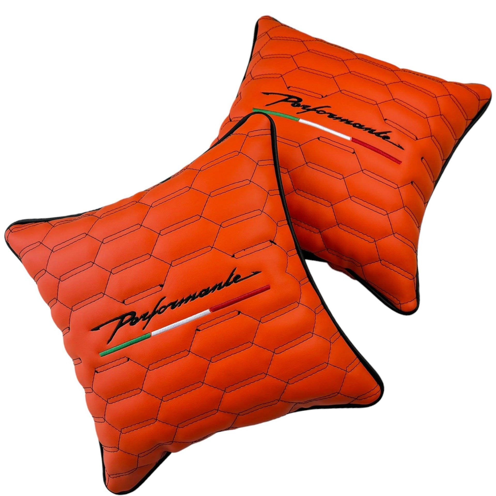 Orange Leather Pillows Performante Set of 2 with Black Sewing - AutoWin