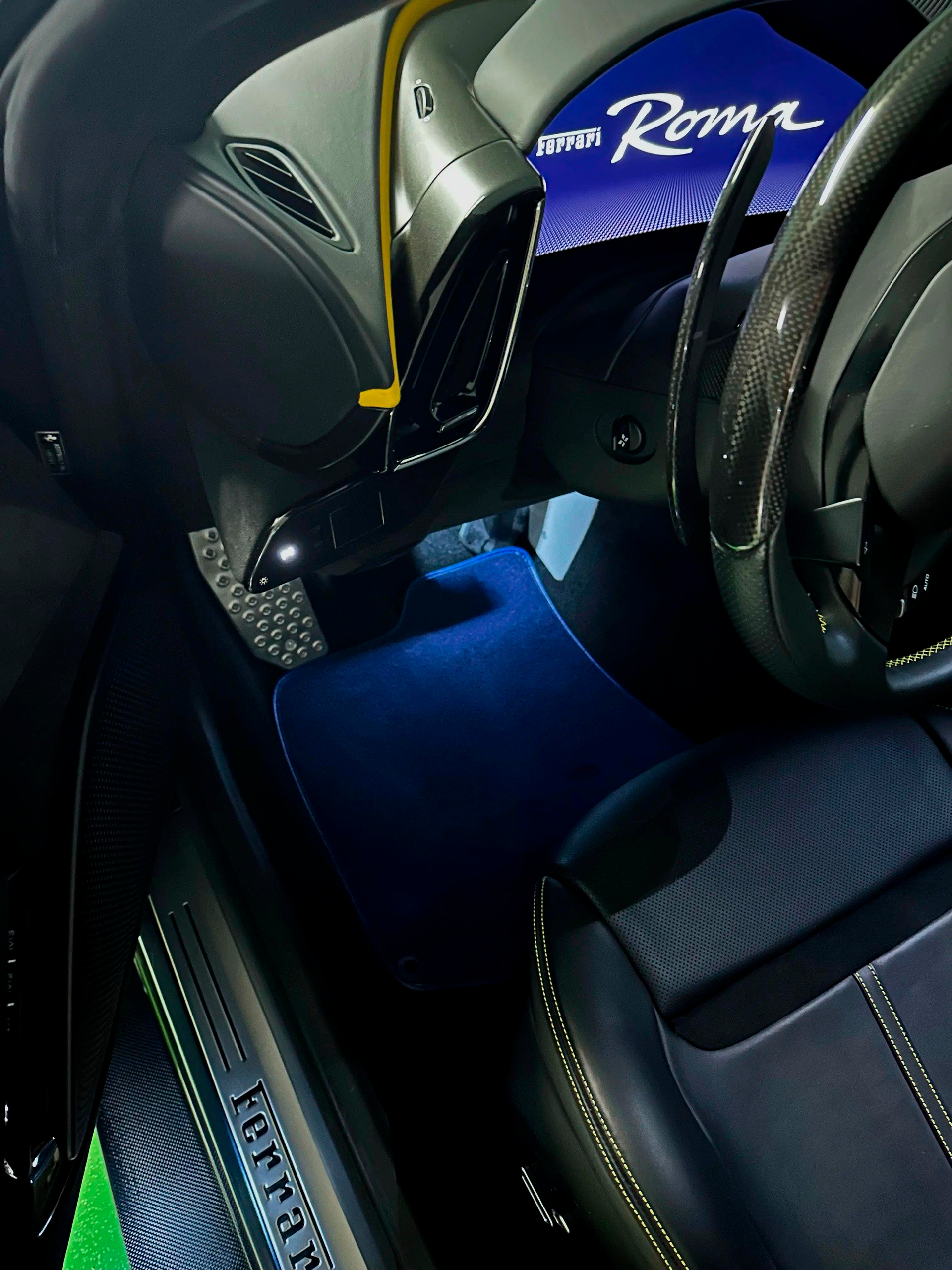 Black Sheepskin Floor Mats for Ferrari Roma (2021-2024) with Leather - AutoWin.EU