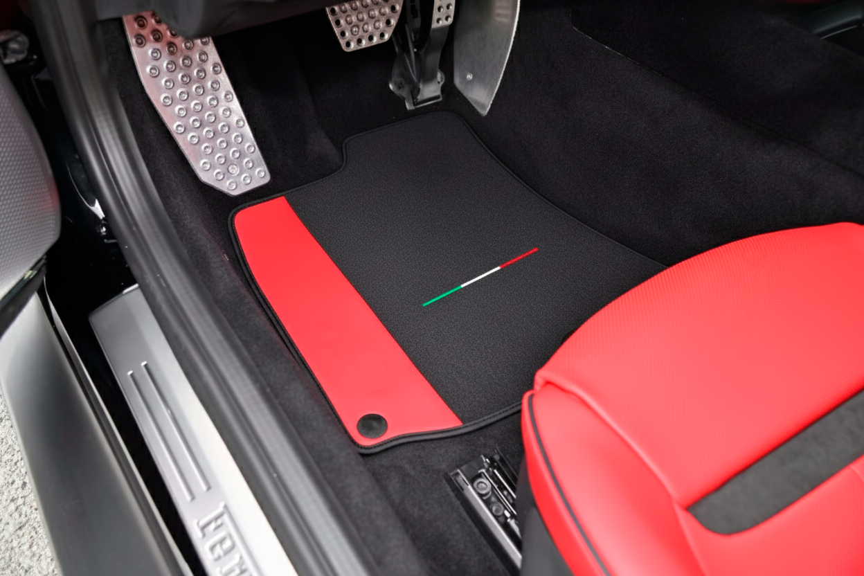 Black Sheepskin Floor Mats for Ferrari Roma (2021-2024) with Leather - AutoWin.EU