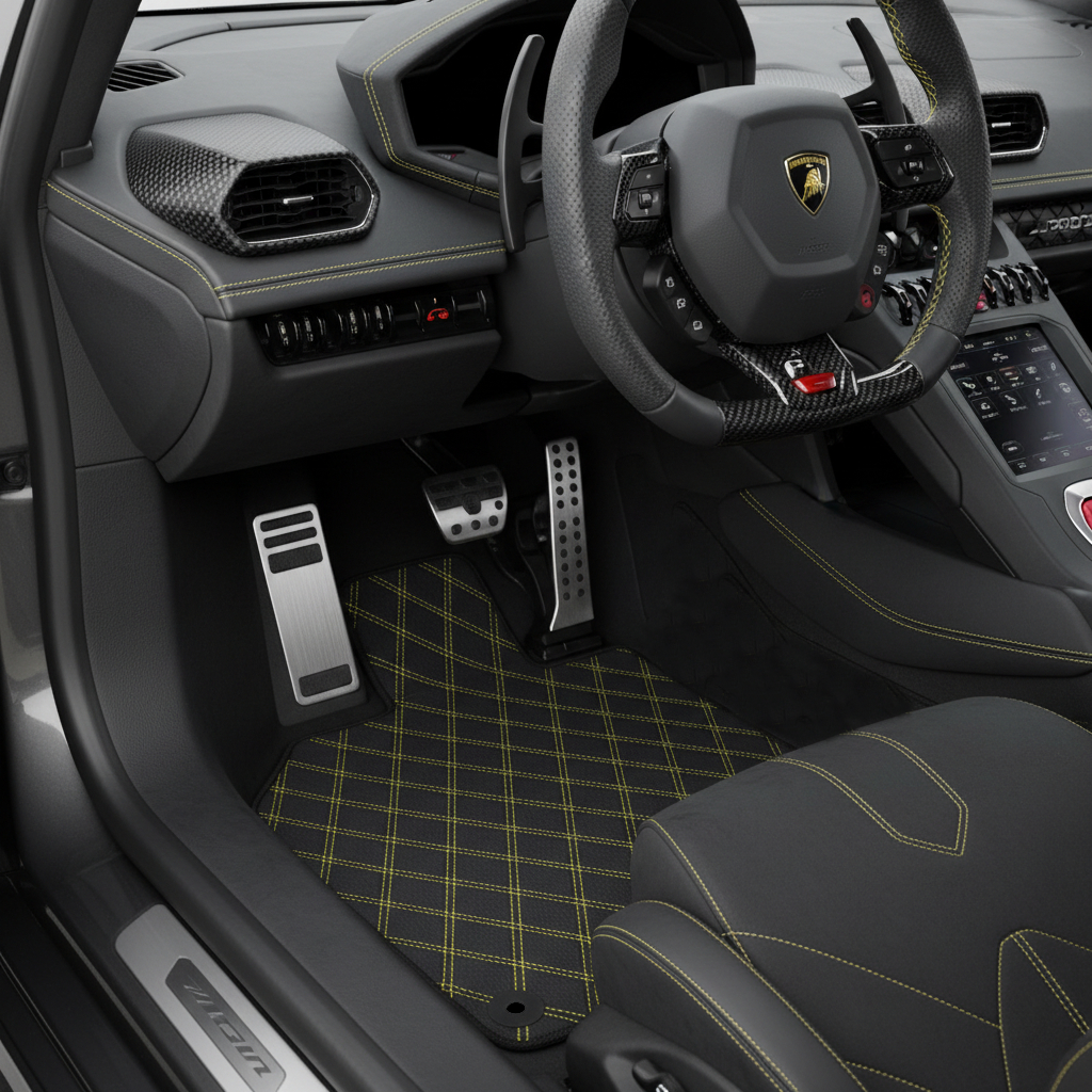 Black Floor Mats for Lamborghini Huracan Sterrato (2023-2024) with Italian Flag | White Trim - AutoWin.EU