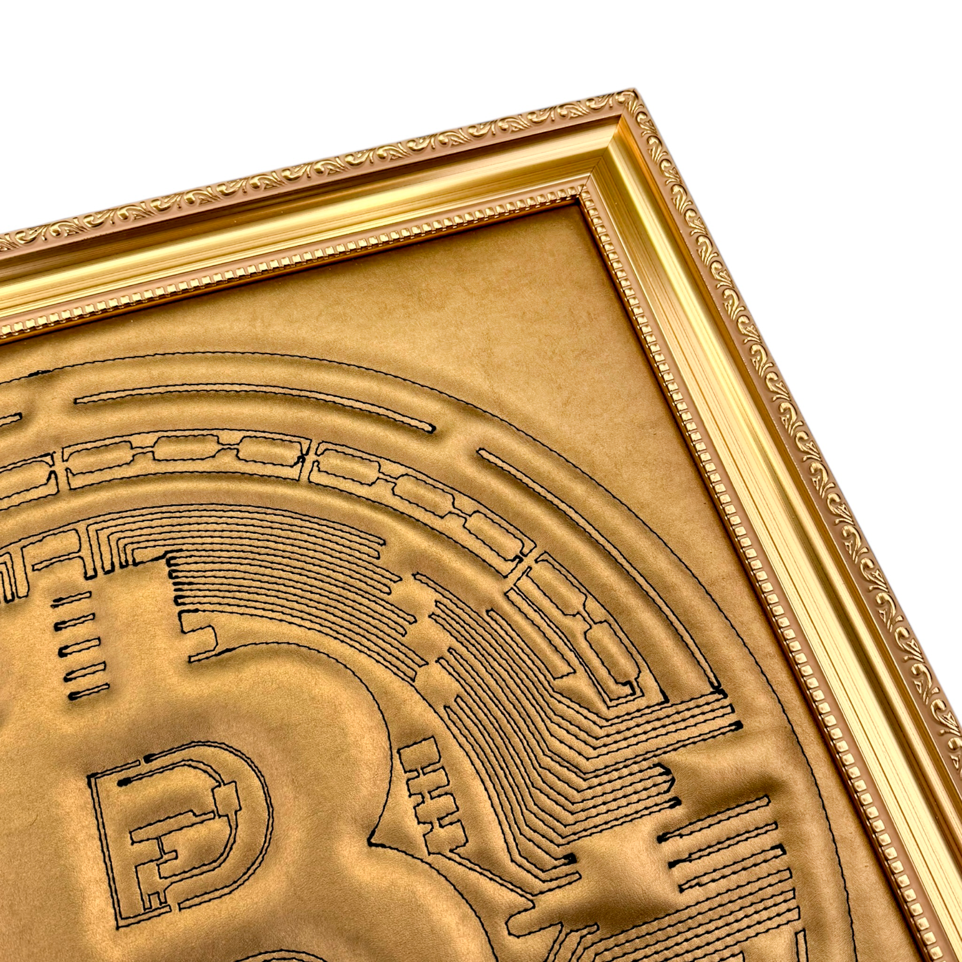 Gold Leather Bitcoin Inspired Wall Art: Embroidered Black Stitch Luxury Decor
