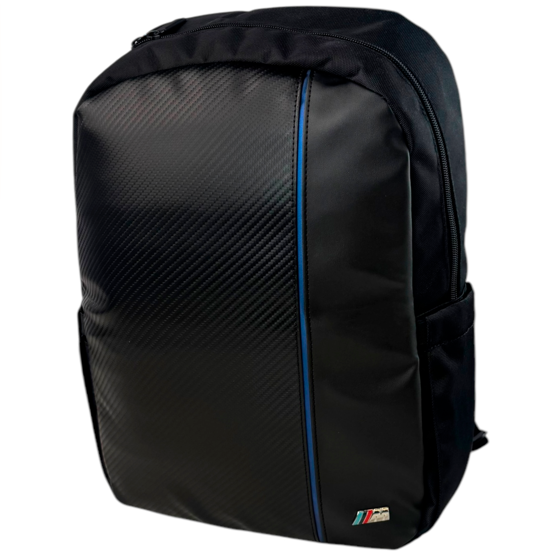 BMW 15.6" Laptop Black Backpack with Carbon Fiber Design | Blue Stripe