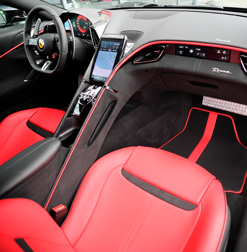 Black Sheepskin Floor Mats for Ferrari Roma (2021-2024) with Leather - AutoWin.EU