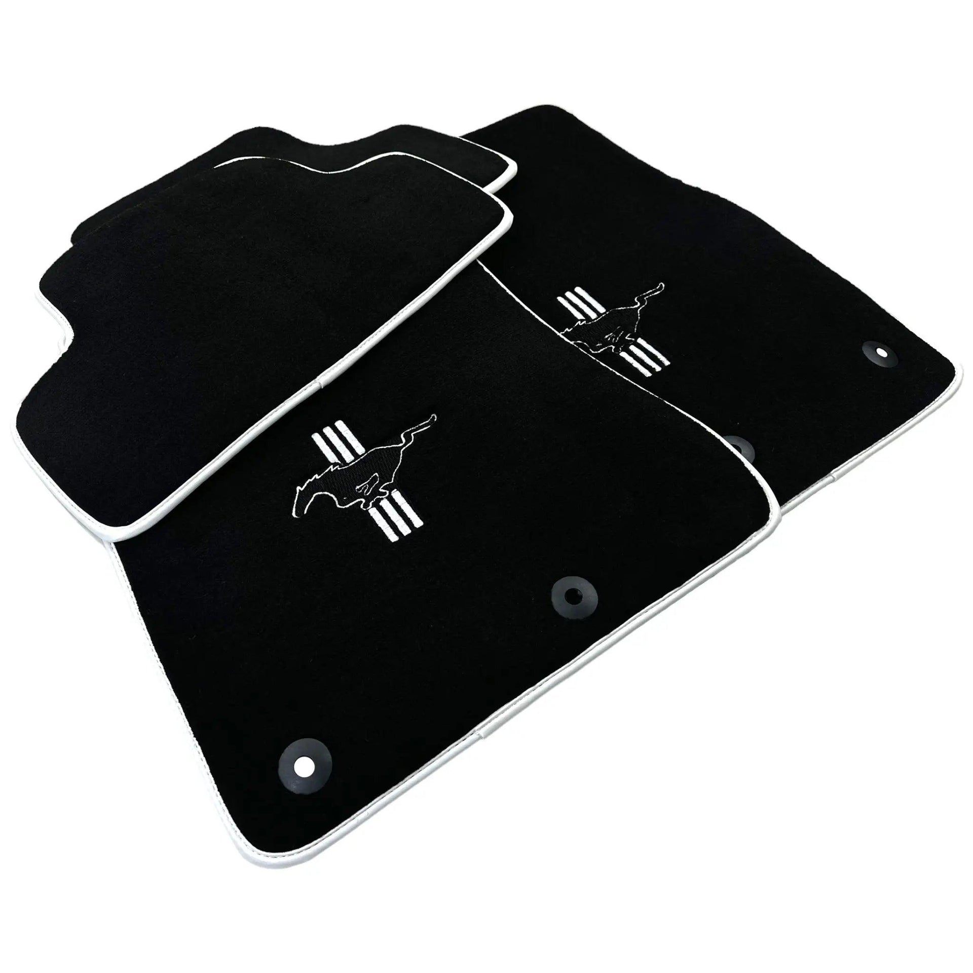 Black Floor Mats with White Trim for Ford Mustang V FL (2011-2014) With Pony - AutoWin