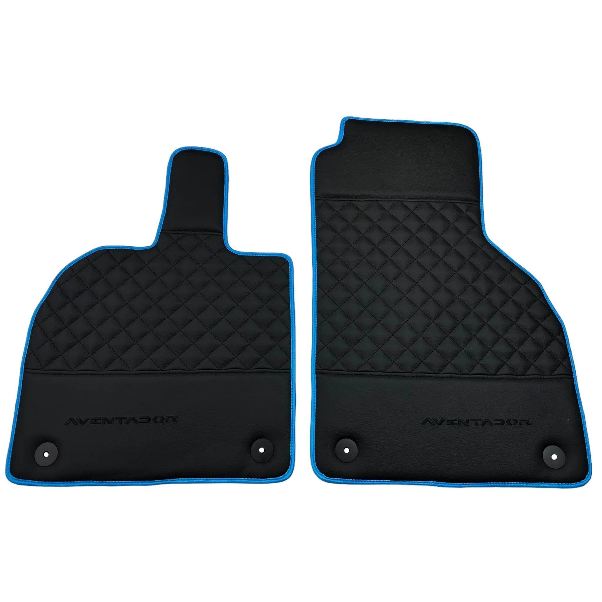 Black Leather Floor Mats For Lamborghini Aventador with Blue Trim - AutoWin