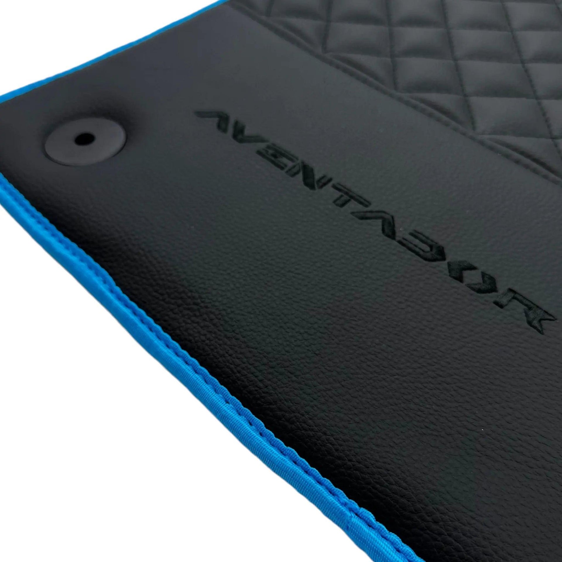 Black Leather Floor Mats For Lamborghini Aventador with Blue Trim - AutoWin