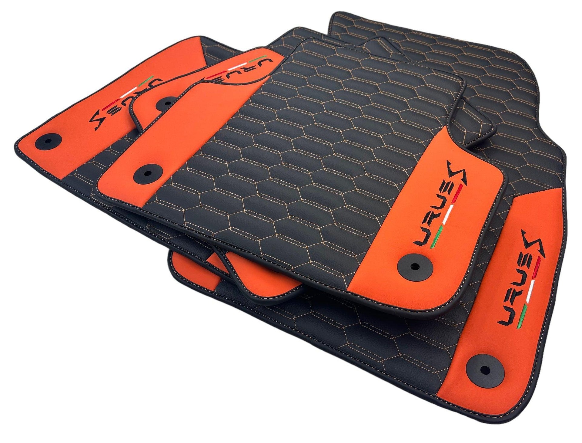 Black Leather Floor Mats For Lamborghini Urus S With Orange Nappa Leather - AutoWin