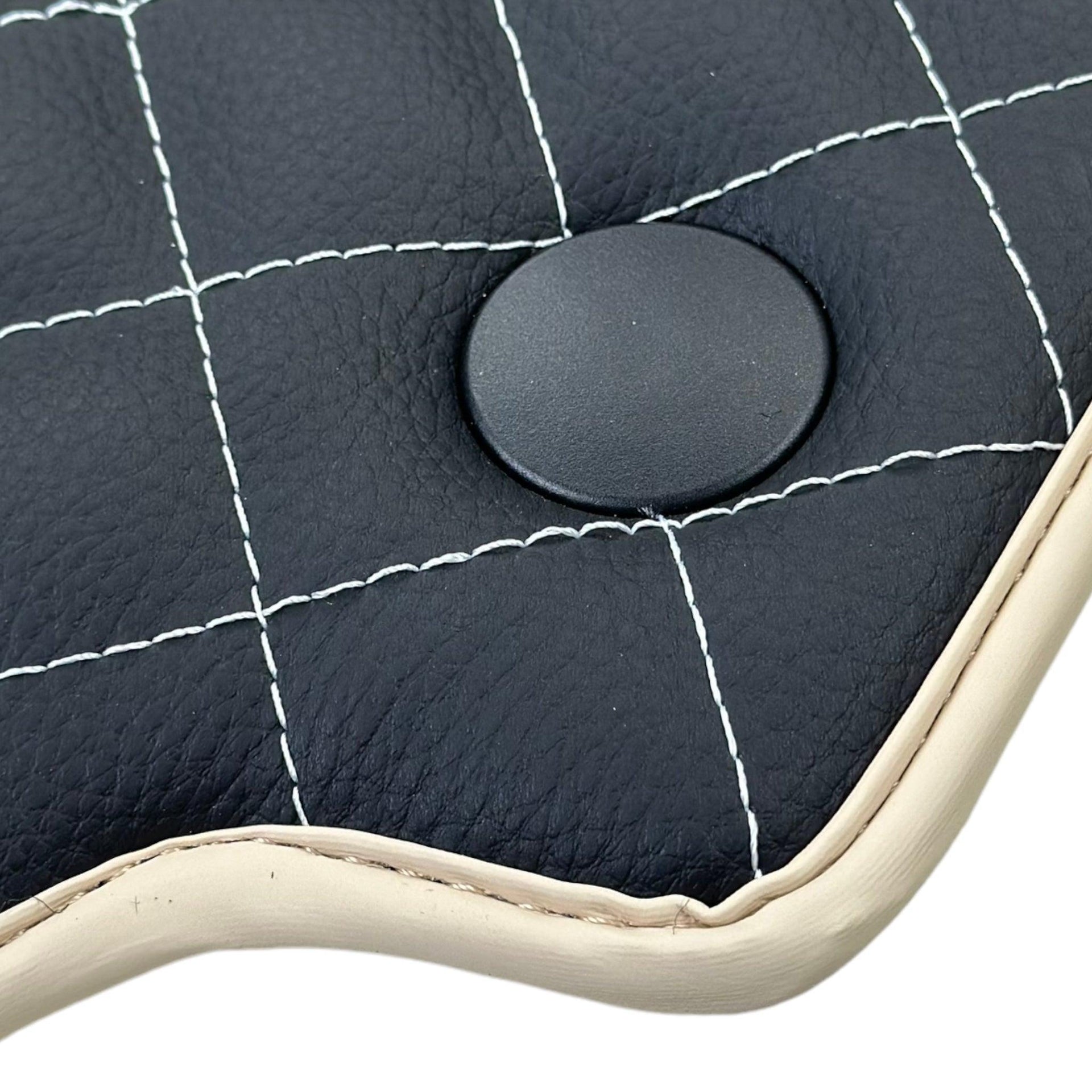 Leather Floor Mats for Ferrari 488 Spider 2015-2022 with White Sewing ER56 Design | Beige Trim - AutoWin