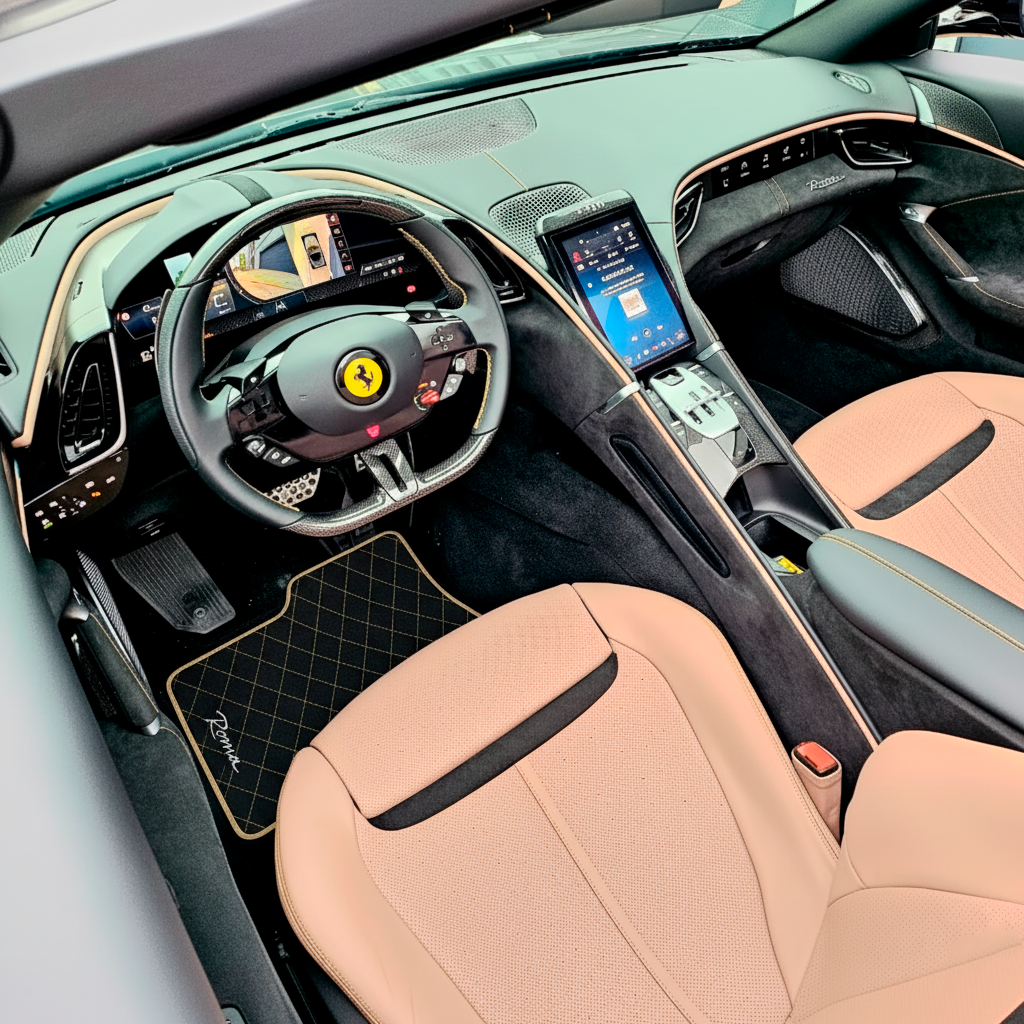 Black Sheepskin Floor Mats for Ferrari Roma (2021-2024) with Leather - AutoWin.EU