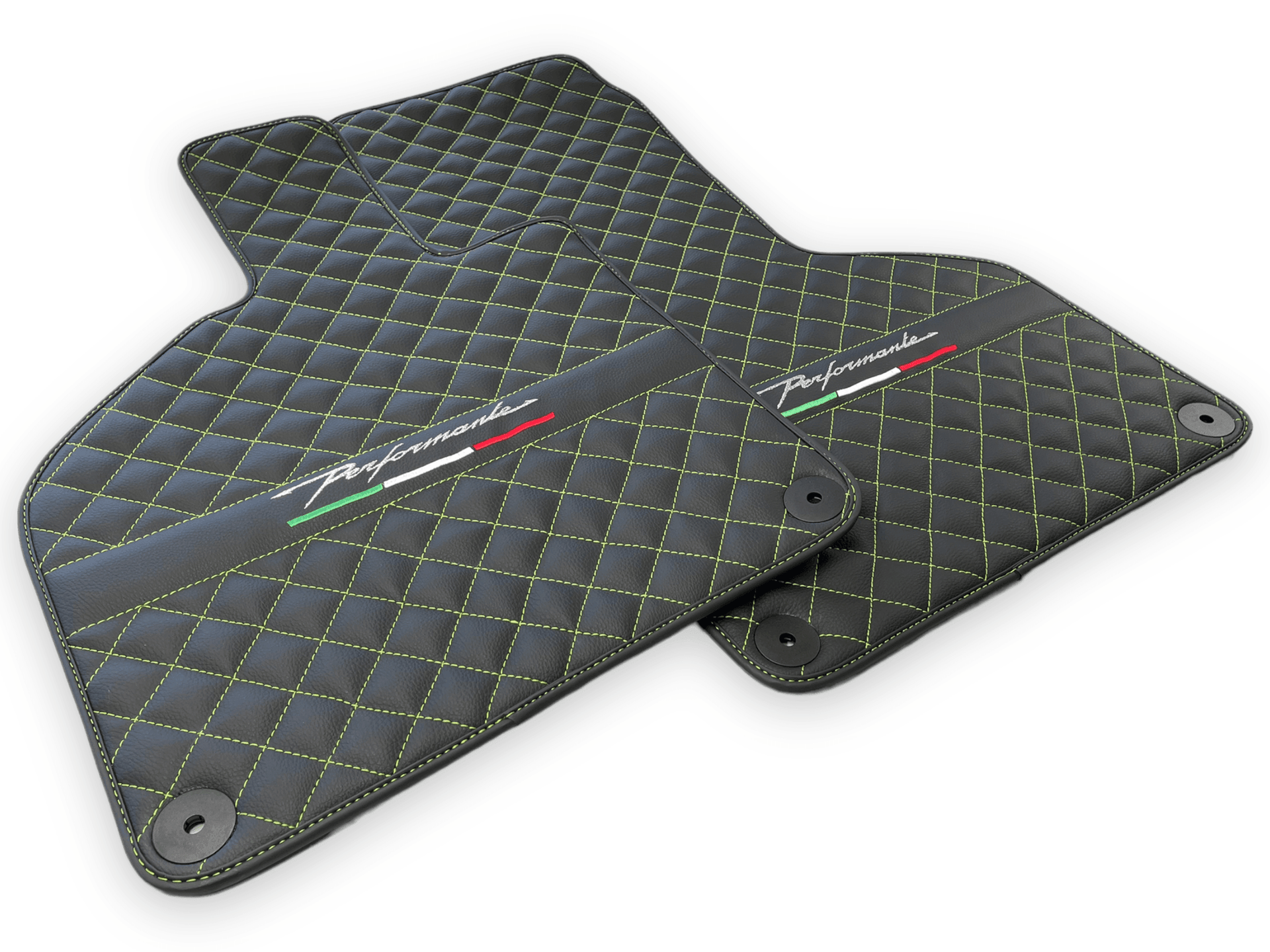 Black Leather Floor Mats for Lamborghini Huracan Perfomante | Green Stitching - AutoWin