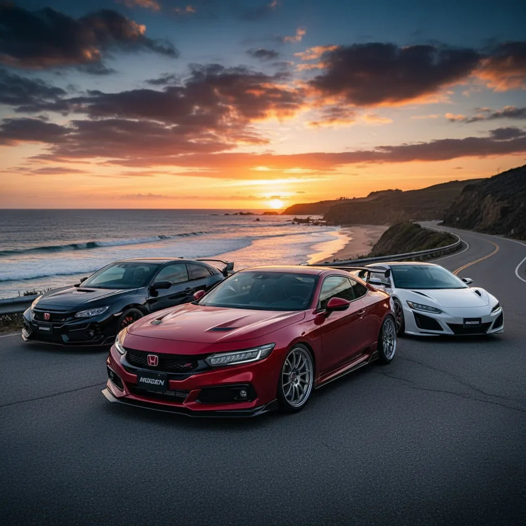 Editorial photo-realistic HERO image for automotive news (2026-01-20). Feature Honda and Mugen vehicles specifically 2026 Honda Prelude. Scene: The ne