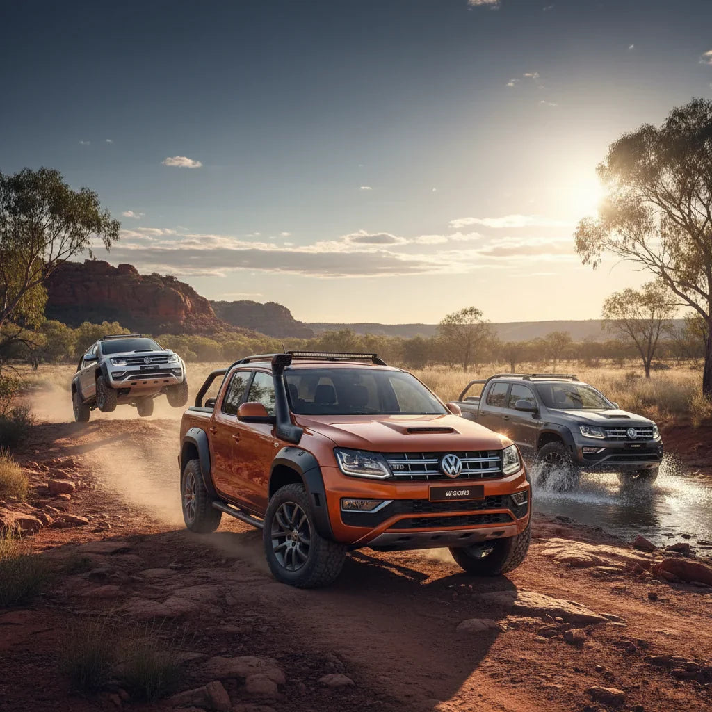 Editorial photo-realistic HERO image for automotive news (2026-01-22). Feature Volkswagen and Walkinshaw vehicles specifically Amarok W600. Scene: A r