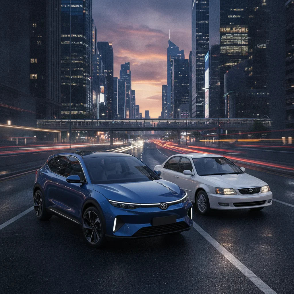 Editorial photo-realistic HERO image for automotive news (2026-07-01). Feature Leapmotor and Toyota vehicles specifically B05, Corolla. Scene: A dynam