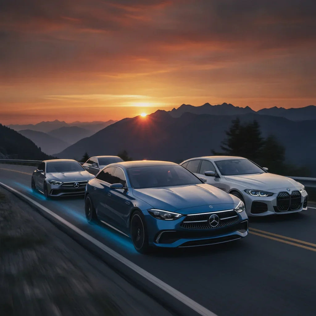 Editorial photo-realistic HERO image for automotive news (2026-07-04). Feature Mercedes and BMW vehicles specifically C-Class Electric. Scene: A sleek