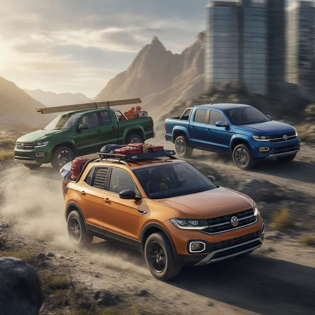 Editorial photo-realistic HERO image for automotive news (2026-08-24). Feature Volkswagen vehicles specifically T-Cross, Amarok. Scene: A vibrant outd