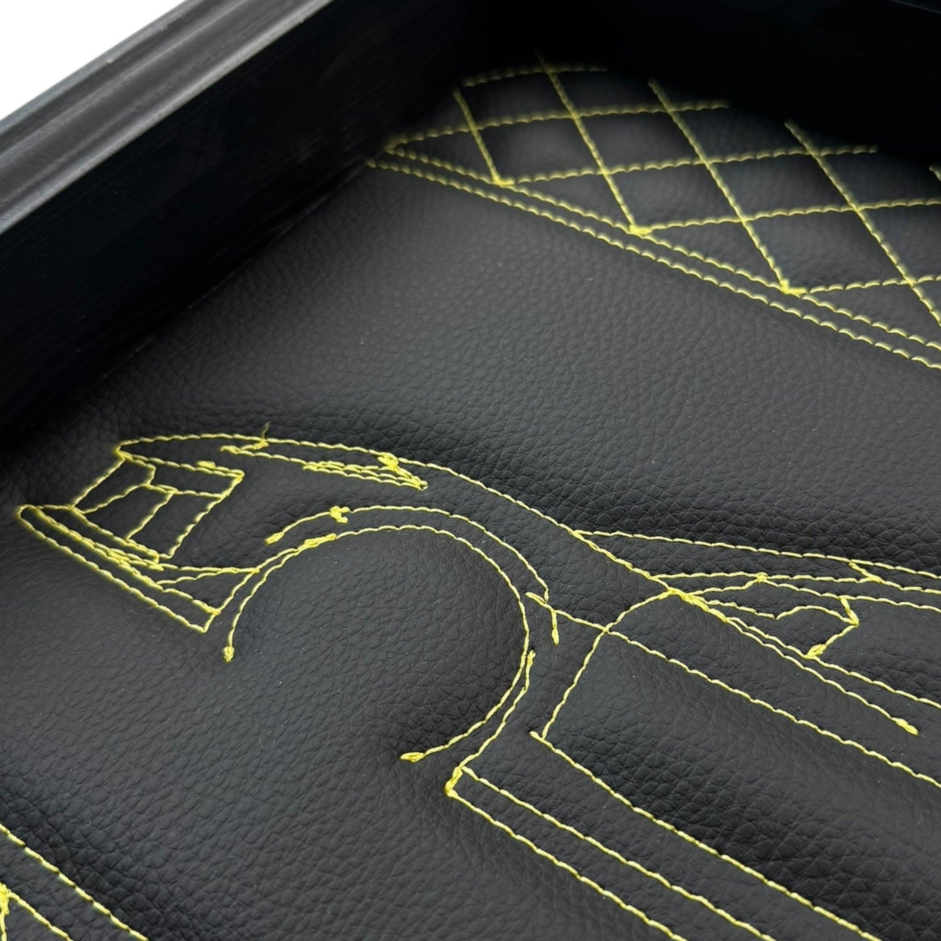 Black Leather Corvette C8 Inspired Wall Art: Embroidered Yellow Stitch - AutoWin