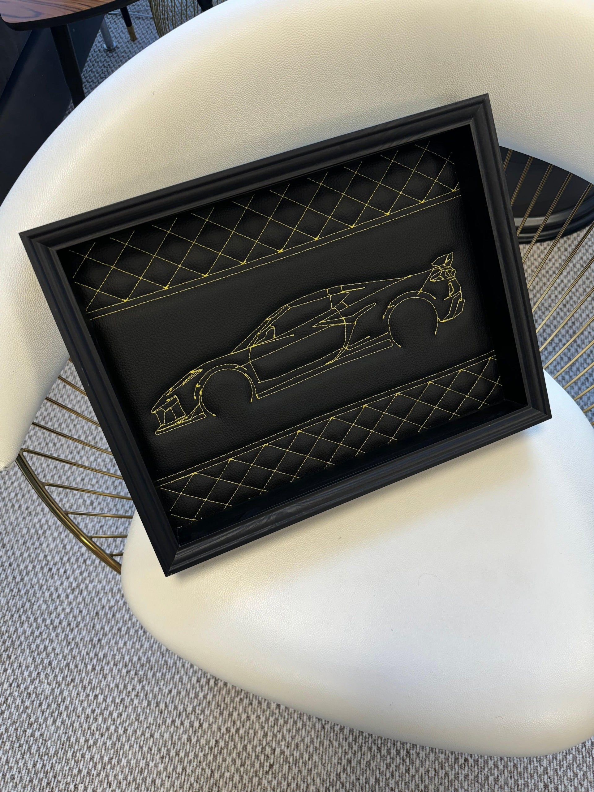 Black Leather Corvette C8 Inspired Wall Art: Embroidered Yellow Stitch - AutoWin