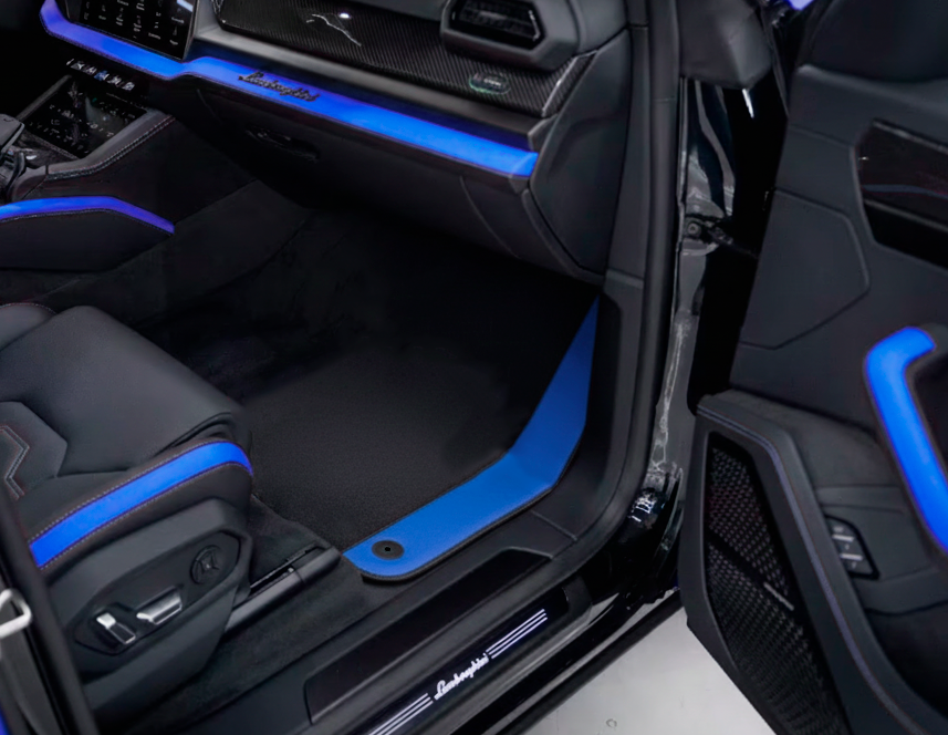 Customizable Black Floor Mats For Lamborghini Urus With Blue Alcantara Leather