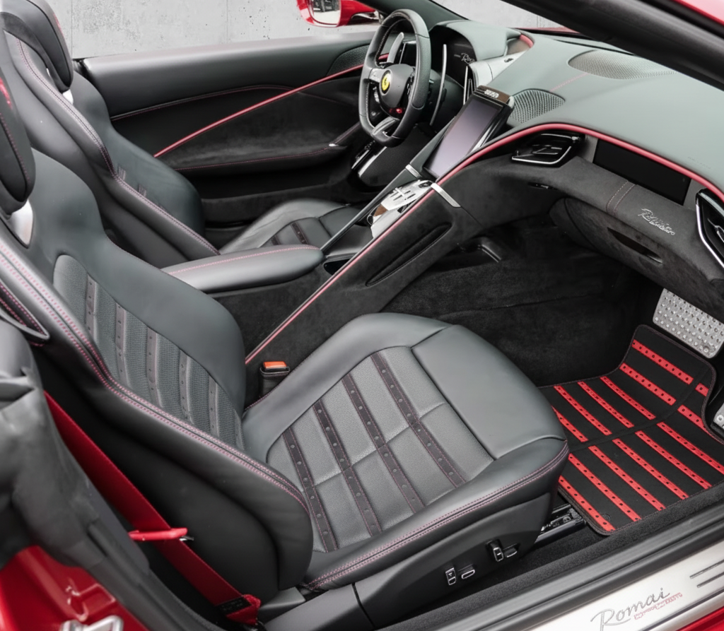 Black Sheepskin Floor Mats for Ferrari Roma (2021-2024) with Leather - AutoWin.EU