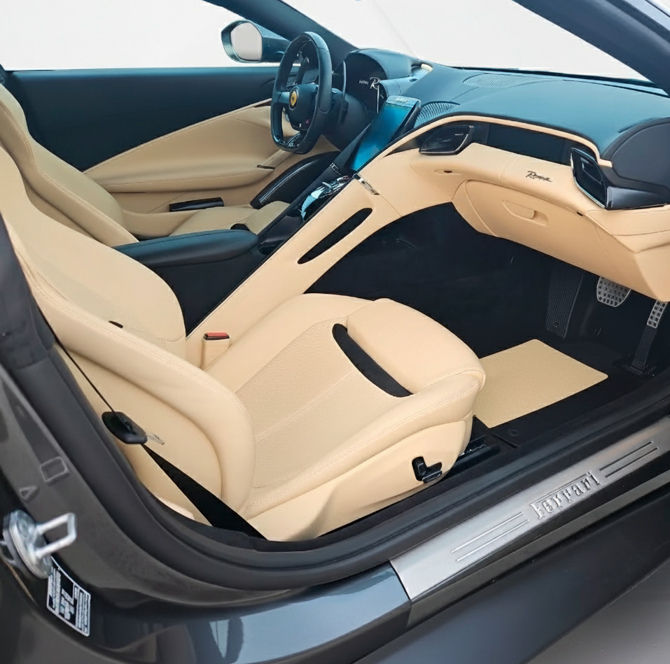 Black Sheepskin Floor Mats for Ferrari Roma (2021-2024) with Leather - AutoWin.EU