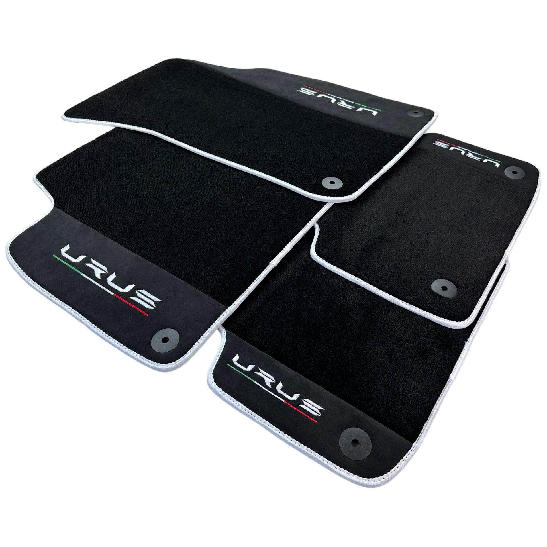 Black Floor Mats For Lamborghini Urus With Alcantara Leather White Trim - AutoWin