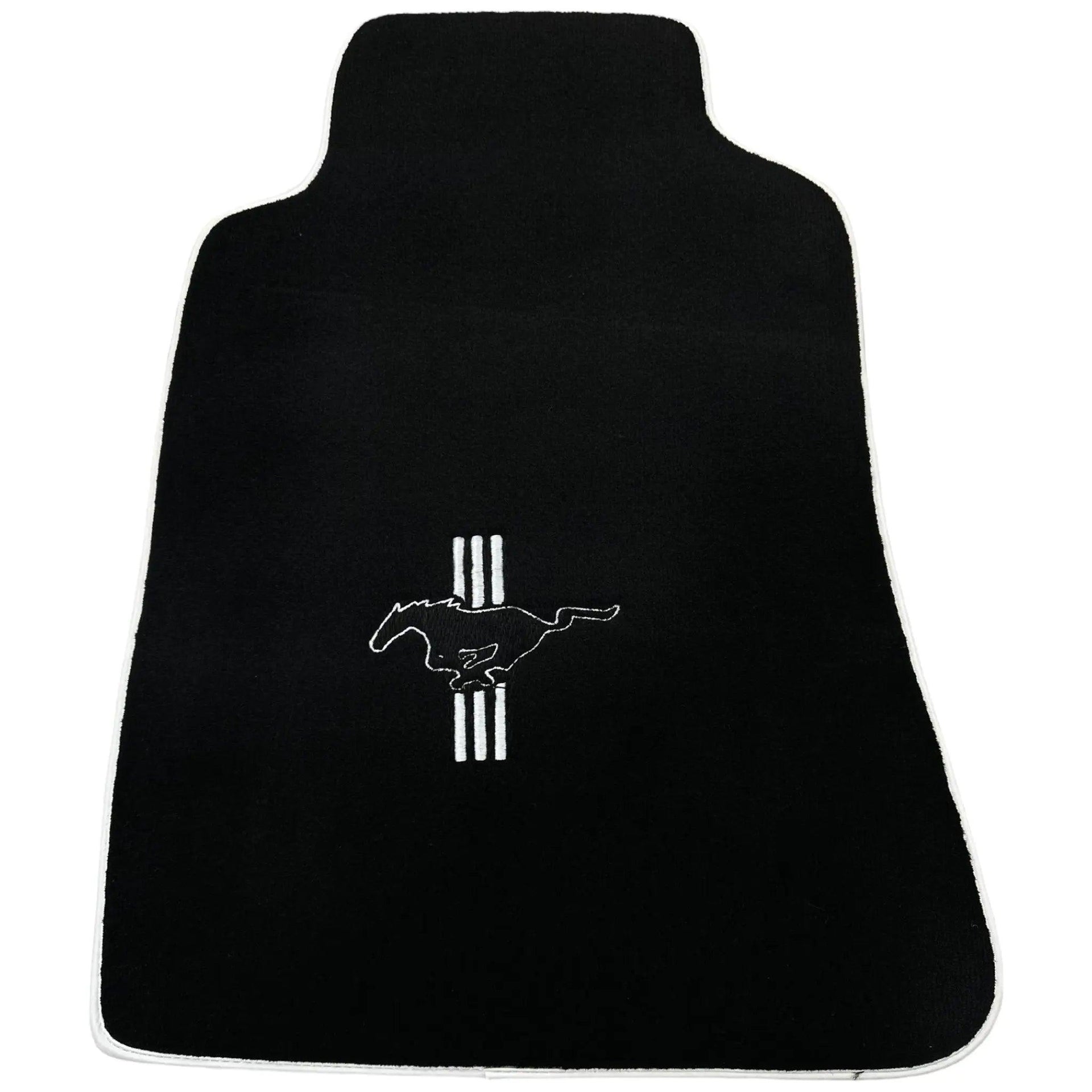 Black Floor Mats with White Trim For Ford Mustang V (2004-2010) With Pony - AutoWin