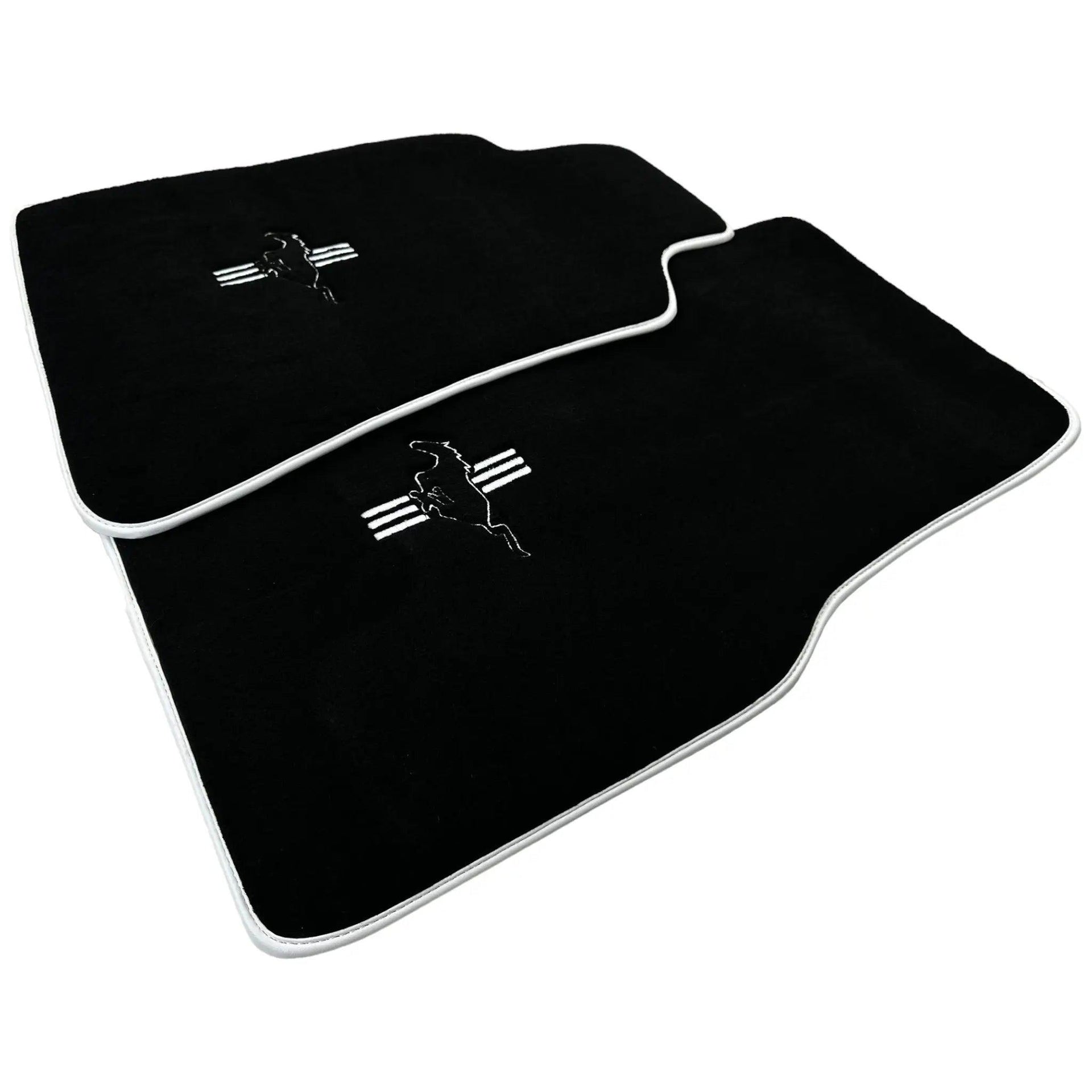 Black Floor Mats with White Trim For Ford Mustang V (2004-2010) With Pony - AutoWin