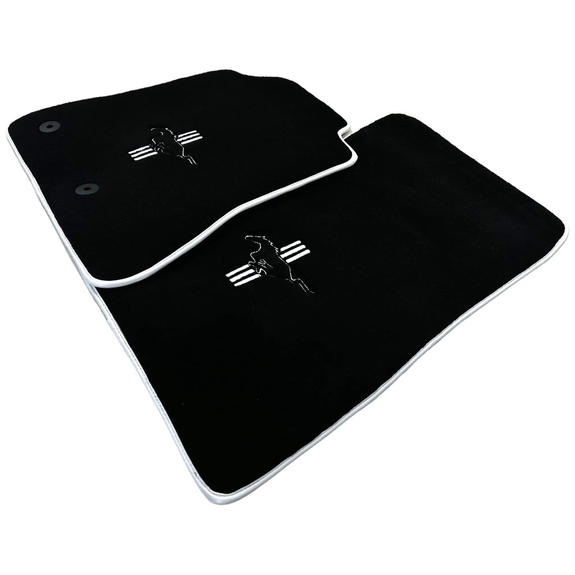 Black Floor Mats with White Trim For Ford Mustang VI (2015-2023) With Pony - AutoWin