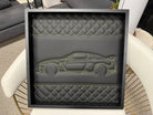 Black Leather Nissan GTR Inspired Wall Art: Embroidered Yellow Stitch Luxury Decor - AutoWin