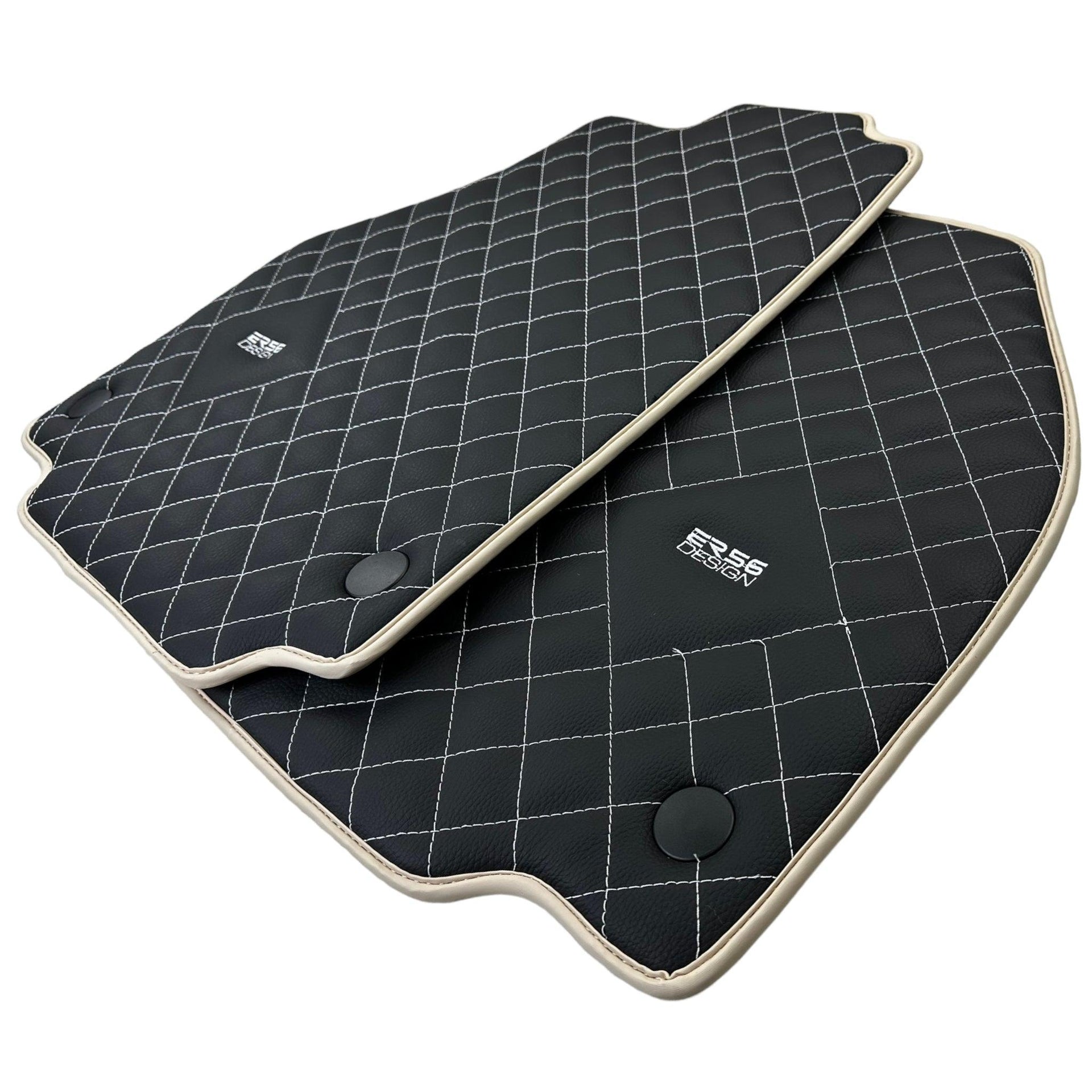 Leather Floor Mats for Ferrari 488 Spider 2015-2022 with White Sewing ER56 Design | Beige Trim - AutoWin