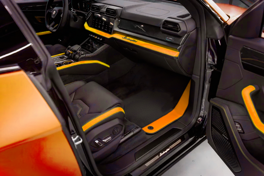 Customizable Black Floor Mats For Lamborghini Urus S With Orange Alcantara Leather