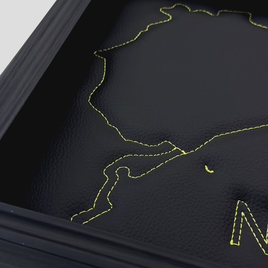 Leather Nürburgring Inspired Wall Art: Embroidered Yellow Stitch Luxury Decor - ER56 Design