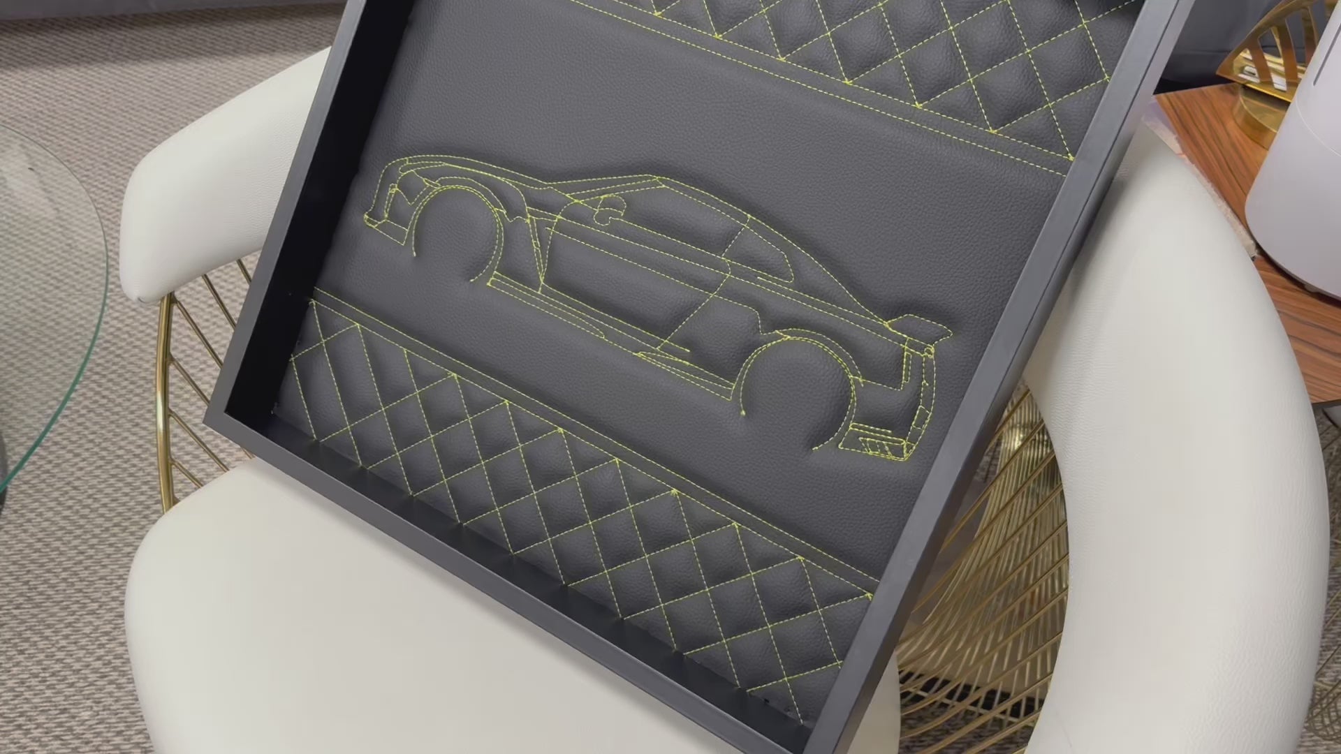 Black Leather Nissan GTR Inspired Wall Art: Embroidered Yellow Stitch Luxury Decor - ER56 Design