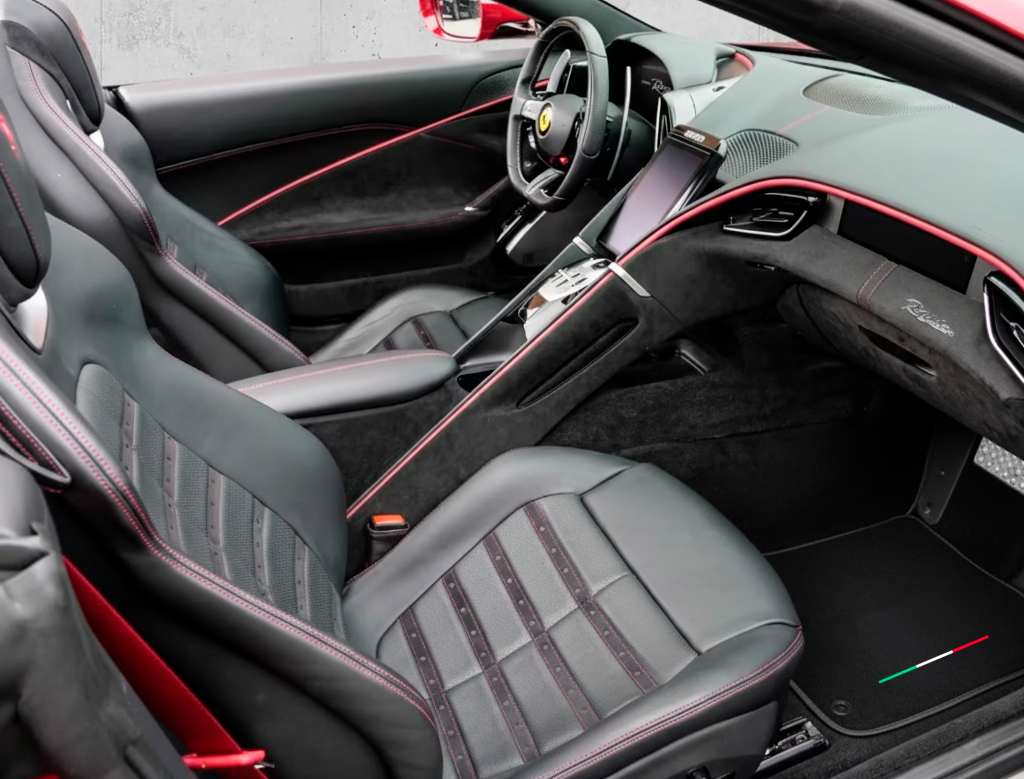 Black Sheepskin Floor Mats for Ferrari Roma (2021-2024) with Leather - AutoWin.EU