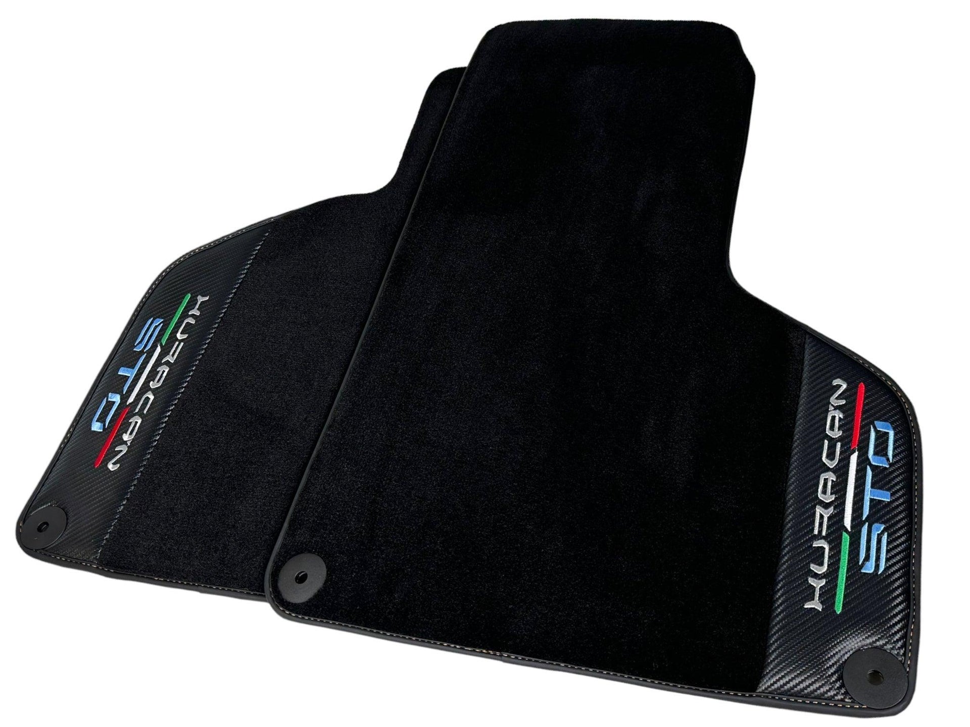 Huracan STO Black Mats: Carbon Fiber Leather & Orange Sewing